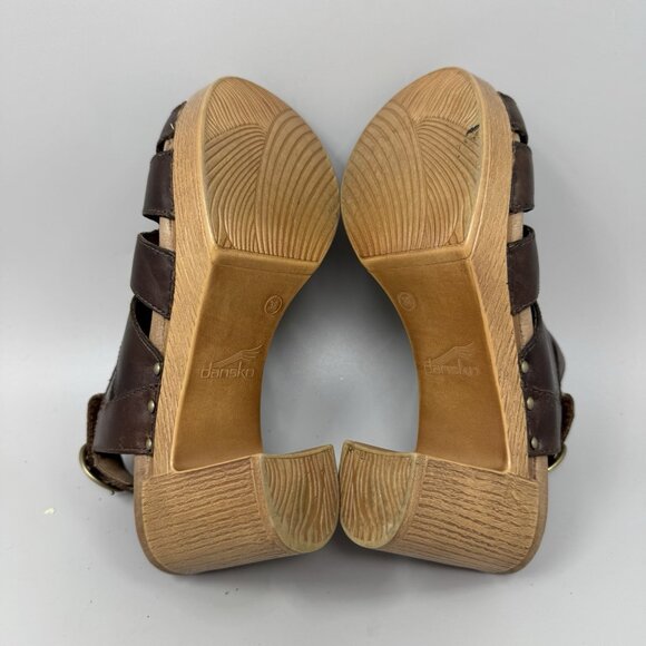 Dansko Sandals Womens 38 7.5-8 Brown Demetra Peep Toe Platform Heels Leather - Picture 8 of 9